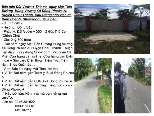 Bán nền Đất Vườn + Thổ cư ngay Mặt Tiền Xã Đông Phước A, 2 tỷ 499 triệu- 0945.381522