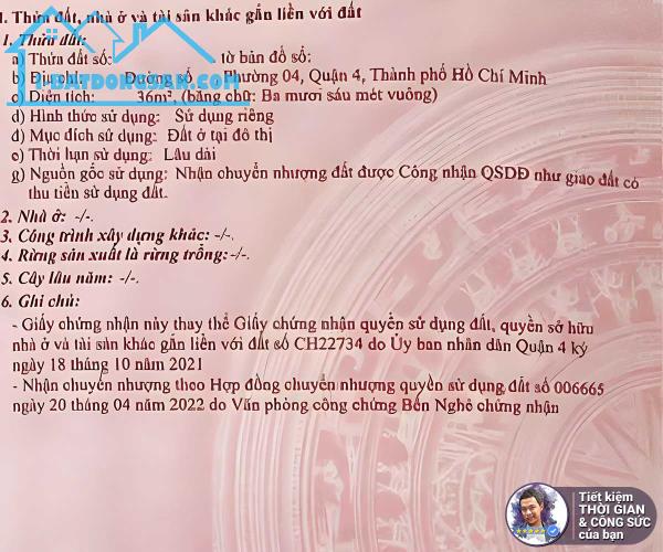 BÁN ĐẤT MẶT TIỀN ĐƯỜNG SỐ PHƯỜNG 4 QUẬN 4. 36M2. 3.6MX10M. ĐƯỜNG 7M. TIỆN XÂY NHÀ MỚI - 2