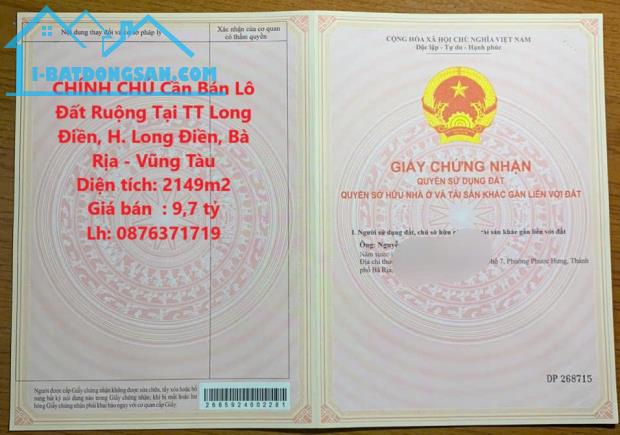 CHÍNH CHỦ Cần Bán Lô Đất Ruộng Tại TT Long Điền, H. Long Điền, Bà Rịa - Vũng Tàu