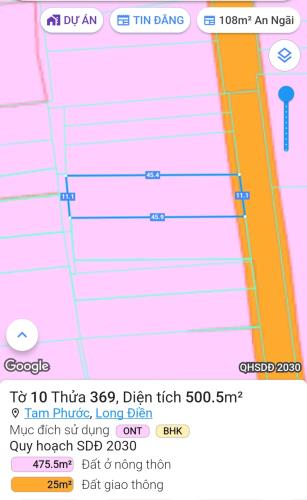 Cần bán lô đất 500 m² mặt tiền đường nhựa số 10 xã Tam Phước, huyện Long Điền.