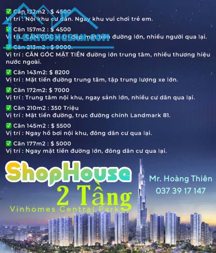 Thuê Shophouse 2 tầng Vinhomes Central Park, Tháng 10.2024 hơn 150m: 112 triệu.LH: