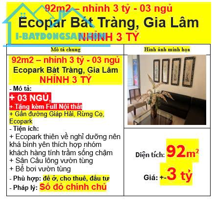 92m2 – nhỉnh 3 tỷ - 03 ngủ -  Ecopark Bát Tràng, Gia Lâm NHỈNH 3 TỶ - Tặng Full nội thất - 5