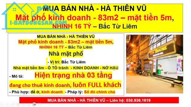 MUA BÁN NHÀ - HÀ THIÊN VŨ Mặt phố kinh doanh - 83m2 – mặt tiền 5m, NHỈNH 16 TỶ – Bắc Từ L - 2