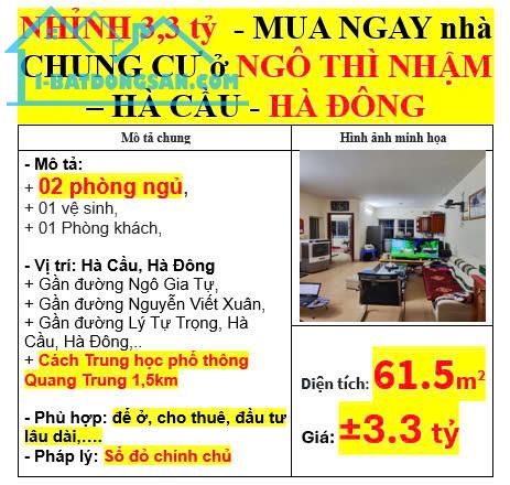 NHỈNH 3,3 tỷ  - MUA NGAY nhà CHUNG CƯ ở NGÔ THÌ NHẬM – HÀ CẦU - HÀ ĐÔN - 3