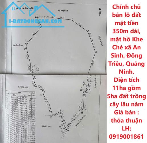 Chính chủ bán lô đất mặt tiền 350m dài, mặt hồ Khe Chè xã An Sinh, Đông Triều, Quảng Ninh.