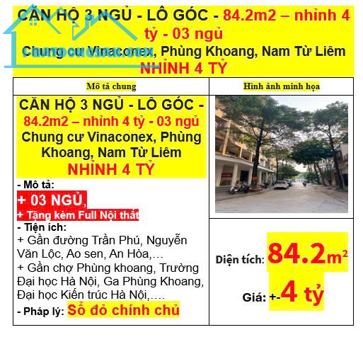 CĂN HỘ 3 NGỦ - LÔ GÓC - 84.2m2 – nhỉnh 4 tỷ - 03 ngủ Chung cư Vinaconex, Phùng Khoang - 3