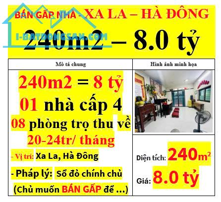 BÁN GẤP NHÀ - XA LA – HÀ ĐÔNG 240m2 – 8.0 tỷ