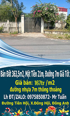 Bán Đất 363,5m2, Mặt Tiền 21m, Đường 7m Giá Tốt Nhất 167tr/m2-Đường Tiên H