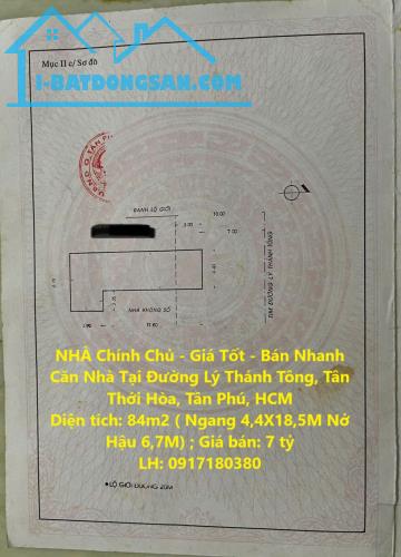 NHÀ Chính Chủ - Giá Tốt - Bán Nhanh Căn Nhà Tại Đường Lý Thánh Tông, Tân Thới Hòa, Tân