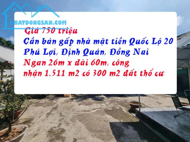 Bán nhà đất mặt tiền Quốc Lộ 20, Xã Phú Lợi, huyện Định Quán, tỉnh Đồng Nai