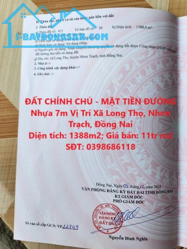 ĐẤT CHÍNH CHỦ - MẶT TIỀN ĐƯỜNG Nhựa 7m Vị Trí Xã Long Thọ, Nhơn Trạch, Đồng Nai