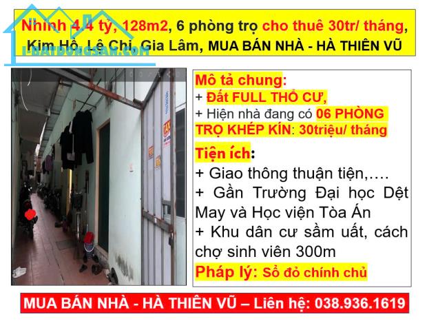 Nhỉnh 4.4 tỷ, 128m2, 6 phòng cho thuê 30tr/ tháng, Kim Hồ, Lệ Chi, Gia Lâm, HÀ THIÊN VŨ