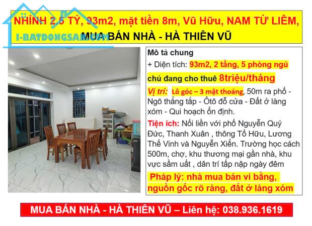 NHỈNH 2.5 TỶ, 93m2, mặt tiền 8m, Vũ Hữu, NAM TỪ LIÊM, MUA BÁN NHÀ - HÀ THIÊN VŨ - 4