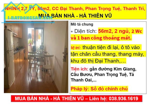 NHỈNH 2,7 TỶ, 56m2, CC Đại Thanh, Phan Trọng Tuệ, Thanh Trì, MUA BÁN NHÀ - HÀ THIÊN VŨ - 3