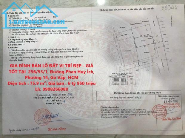 GIA ĐÌNH BÁN LÔ ĐẤT VỊ TRÍ ĐẸP - GIÁ TỐT TẠI  256/53/1, Đường Phan Huy Ích, Phường 14, Gò