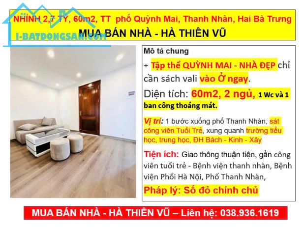 NHỈNH 2,7 TỶ, 60m2, TT  phố Quỳnh Mai, Thanh Nhàn, Hai Bà Trưng MUA BÁN NHÀ - HÀ THIÊN VŨ - 4