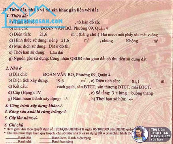 BÁN NHÀ ĐOÀN VĂN BƠ. 22M2. 5 TẦNG BÊ TÔNG CỐT THÉP.HẺM TRƯỚC NHÀ 3.5M. SÁT QUẬN 1 - 1