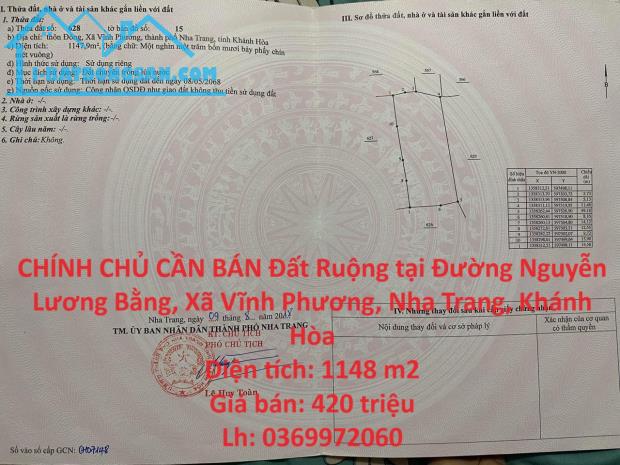 CHÍNH CHỦ CẦN BÁN Đất Ruộng tại Đường Nguyễn Lương Bằng, Xã Vĩnh Phương, Nha Trang, Khánh