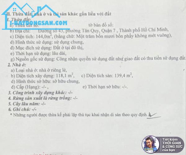BÁN NHÀ MẶT TIỀN ĐƯỜNG SỐ 43 PHƯỜNG TÂN QUY. 144M2. 8MX22M. NHÀ CŨ 2 TẦNG. TIỆN XÂY CHDV - 1