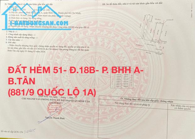 BÁN ĐẤT HẺM 8 M - 
HẺM SỐ 51/ ĐƯỜNG SỐ 18B - P.BÌNH HƯNG HÒA A - Q. BÌNH TÂN - TP HỒ CHÍ