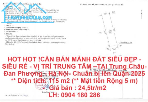 HOT HOT !CẦN BÁN MẢNH ĐẤT SIÊU ĐẸP - SIÊU RẺ - VỊ TRÍ TRUNG TÂM –TẠI Trung Châu- Đan