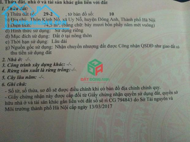 Bán đất Kính Nỗ Uy Nỗ - 74.5m2 - Đường 4m thông ngay trục chính - 3