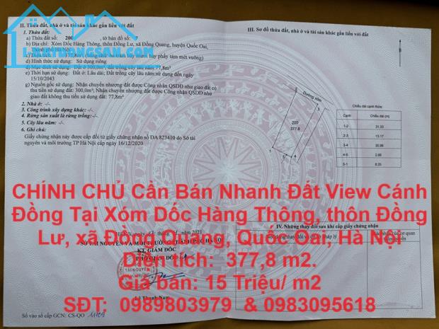 CHÍNH CHỦ Cần Bán Nhanh Lô Đất View Cánh Đồng Tại Xã Đồng Quang, Huyện Quốc Oai, tp Hà Nội - 1