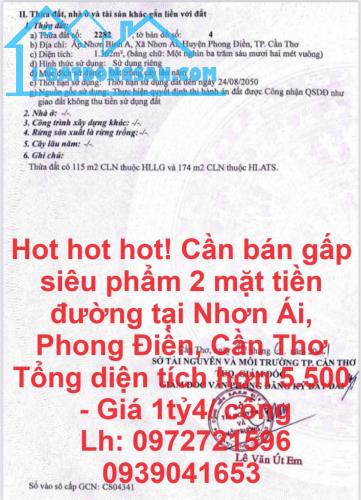 Hot hot hot! Cần bán gấp siêu phẩm 2 mặt tiền đường tại Nhơn Ái, Phong Điền, Cần Thơ