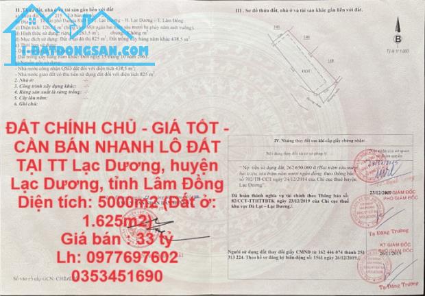 ĐẤT CHÍNH CHỦ - GIÁ TỐT - CẦN BÁN NHANH LÔ ĐẤT  TẠI TT Lạc Dương, huyện Lạc Dương, tỉnh