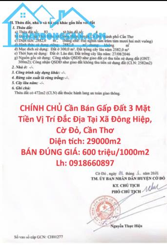 CHÍNH CHỦ Cần Bán Gấp Đất 3 Mặt Tiền Vị Trí Đắc Địa Tại Xã Đông Hiệp, Cờ Đỏ, Cần Thơ