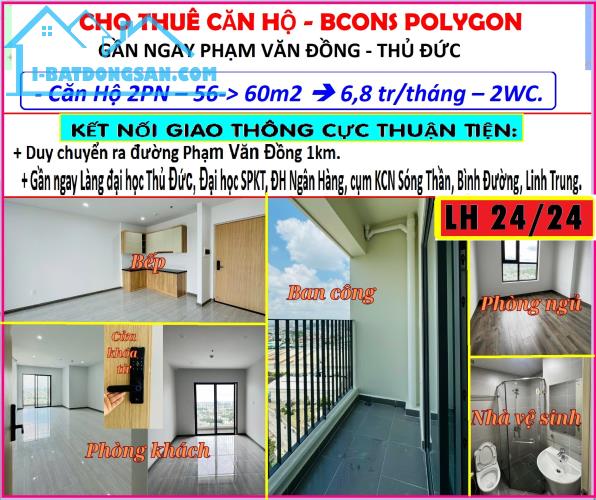 Cho thuê căn hộ Bình Dương, 1Km ra ngay Phạm Văn Đồng, 6,8tr/60m2-2pn-2wc, NHẬN NHÀ Ở LIỀN