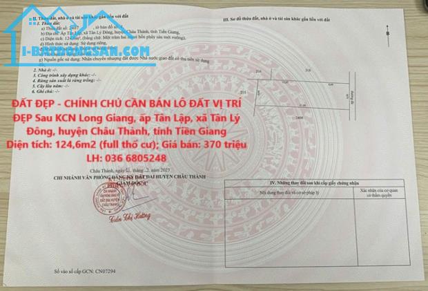 ĐẤT ĐẸP - CHÍNH CHỦ CẦN BÁN LÔ ĐẤT VỊ TRÍ ĐẸP Sau KCN Long Giang - Châu Thành - GIÁ CỰC RẺ