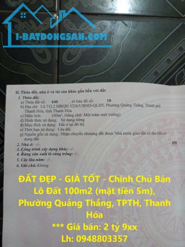 ĐẤT ĐẸP - GIÁ TỐT - Chính Chủ Bán Lô Đất 100m2 (mặt tiền 5m), Phường Quảng Thắng, TPTH,