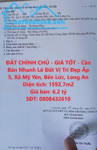 ĐẤT CHÍNH CHỦ - GIÁ TỐT - Cần Bán Nhanh Lô Đất Vị Trí Đẹp Ấp 5, Xã Mỹ Yên, Bến Lức, Long