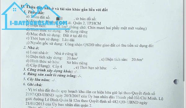 Bán đất thổ cư mặt tiền đường Lê Đình QuảngQuận 2 khu vực ko có xe conts nở hậu 4.6m Giá T