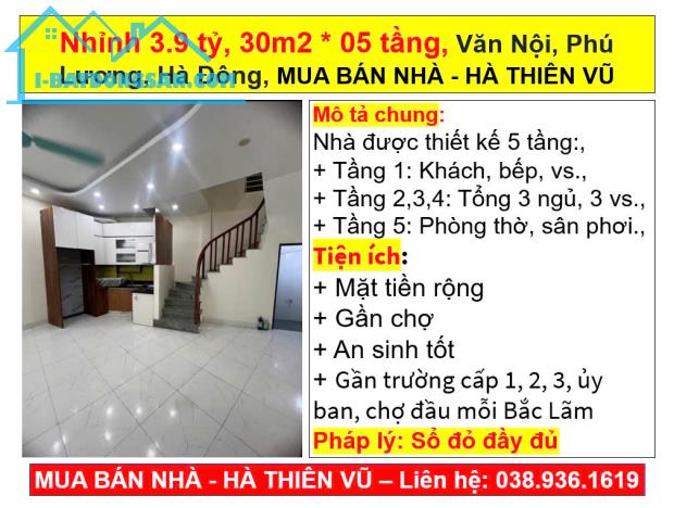 Nhỉnh 3.9 tỷ, 30m2 * 05 tầng, Văn Nội, Phú Lương, Hà Đông, MUA BÁN NHÀ - HÀ THIÊN VŨ