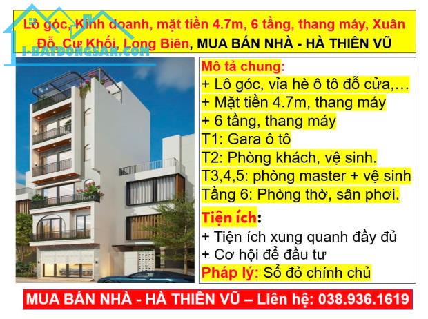 Lô góc, Kinh doanh, mặt tiền 4.7m, 6 tầng, thang máy, Xuân Đỗ, Cự Khối, Long Biên, - 3