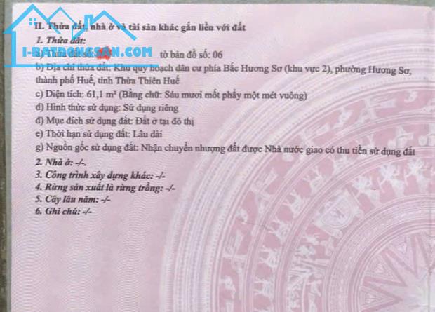 Chính chủ bán lô đất đẹp tại KQH Hương Sơ - Khu Vực 2 Phường Hương Sơ, Quận Phú Xuân, Tp. - 1