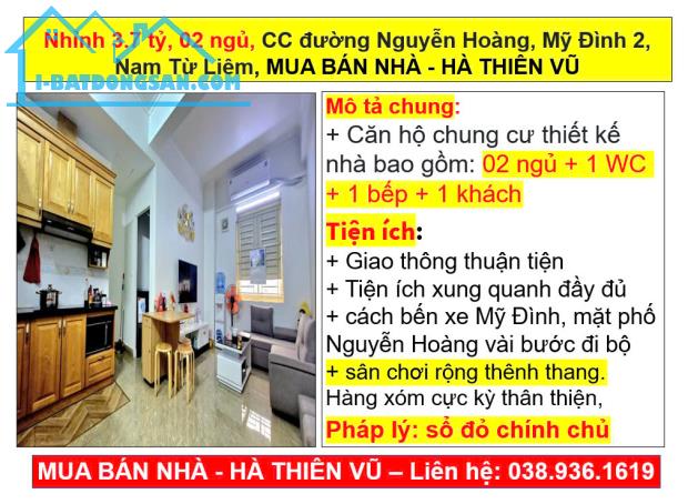 Nhỉnh 3.7 tỷ, 02 ngủ, CC đường Nguyễn Hoàng, Mỹ Đình 2, Nam Từ Liêm,  HÀ THIÊN VŨ