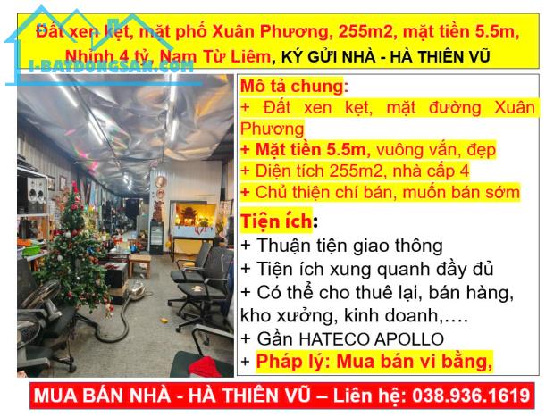 Đất xen kẹt, mặt phố Xuân Phương, 255m2, mặt tiền 5.5m, Nhỉnh 4 tỷ, Nam Từ Liêm, KÝ GỬI