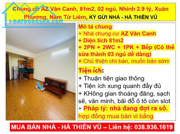 Chung cư AZ Vân Canh, 81m2, 02 ngủ, Nhỉnh 2.9 tỷ, Xuân Phương, Nam Từ Liêm, KÝ GỬI NHÀ