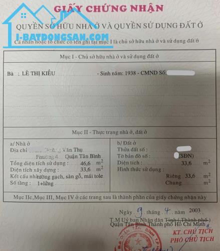 34m2 ngay CV Hoàng Văn Thụ ngang hơn 4m gần mặt tiền 3ty8