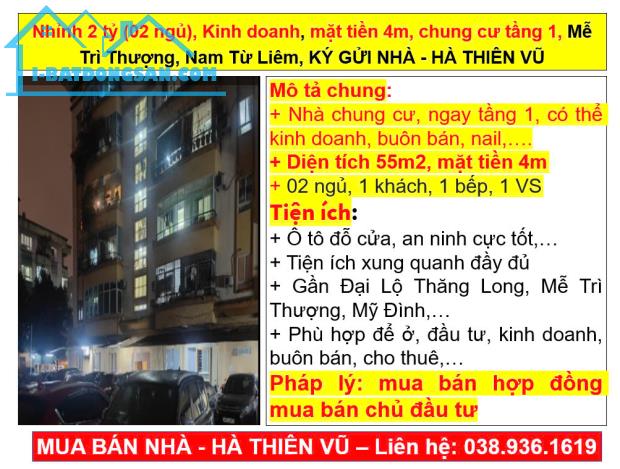 Nhỉnh 2 tỷ (02 ngủ), Kinh doanh, mặt tiền 4m, chung cư tầng 1, Mễ Trì Thượng, Nam Từ Liêm - 4