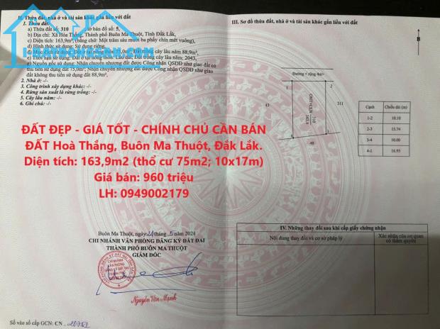 ĐẤT ĐẸP - GIÁ TỐT - CHÍNH CHỦ CẦN BÁN LÔ ĐẤT Hoà Thắng, Buôn Ma Thuột, Đắk Lắk.