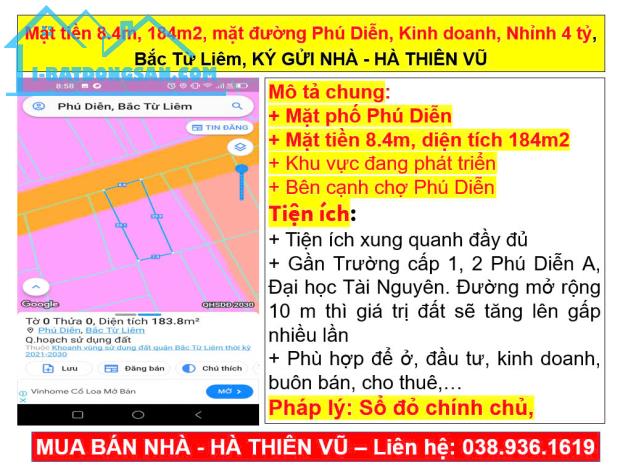 Mặt tiền 8.4m, 184m2, mặt đường Phú Diễn, Kinh doanh, Nhỉnh 4 tỷ, Bắc Từ Liêm, KÝ GỬI NHÀ - 4