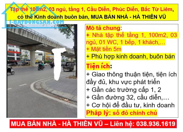 Tập thể 100m2, 03 ngủ, tầng 1, Cầu Diễn, Phúc Diễn, Bắc Từ Liêm, Kinh doanh buôn bán - 1