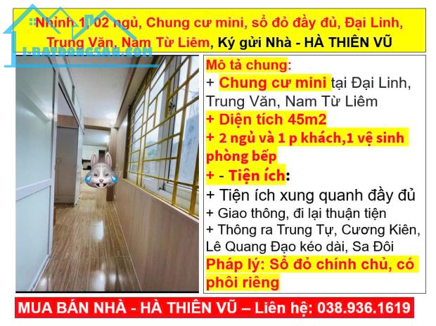 Nhỉnh 1, 02 ngủ, Chung cư mini, sổ đỏ đầy đủ, Đại Linh, Trung Văn, Nam Từ Liêm, Ký gửi Nhà