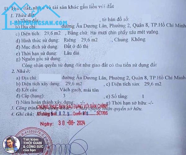 BÁN NHÀ ÂU DƯƠNG LÂN. 30M2. 3MX10M. 2 TẦNG. HẺM 3.5M. TRUNG TÂM PHƯỜNG 2 - 1