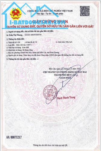 Chủ cần tiền bán gấp Lô Đất ở đô thị Tp Bến Cát DT 338m2
 giá 3,7tr/ m2