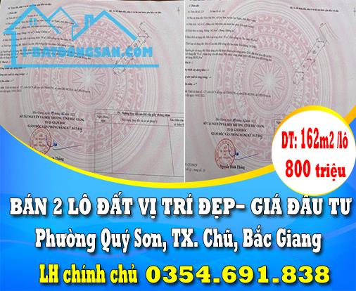 BÁN 2 LÔ ĐẤT VỊ TRÍ ĐẸP TẠI PHƯỜNG QUÝ SƠN THỊ XÃ CHŨ BẮC GIANG